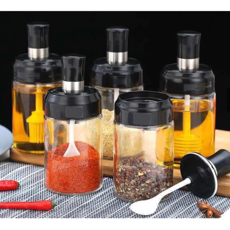 Kit 5 Porta Tempero Condimento de Vidro com Tampa Colher Embutida